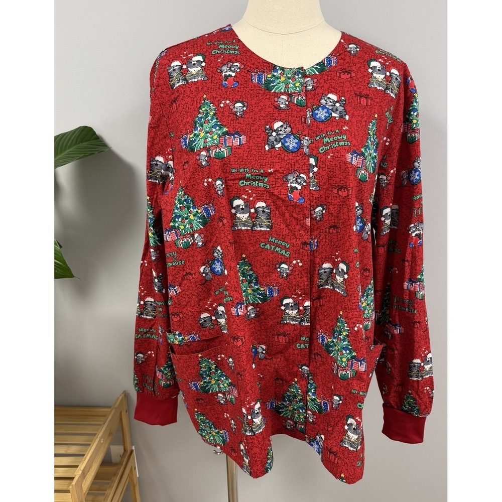 NWT Cherokee Christmas Cat Scrub Jacket 4X Cotton Snap Scrubs Meowy Cats Red